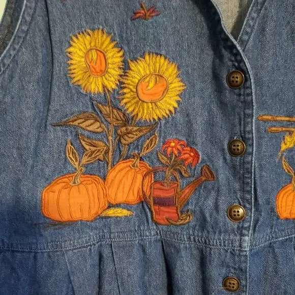 Vintage 90s Cottagecore Sunflower Fall Autumnal Denim A Line Maxi Dress - Picture 3 of 15